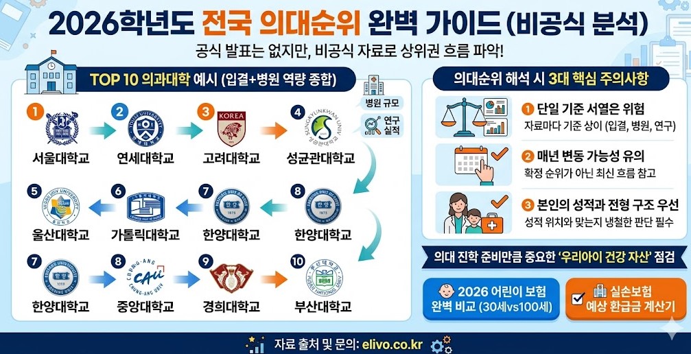 2026 전국 의대순위 TOP 10 비공식 서열 및 입결 병원 규모 연구 실적 기준 의과대학 선택 가이드와 주의사항 정리 인포그래픽
