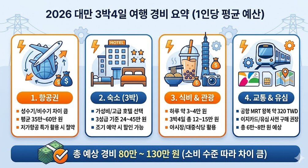 2026 대만 3박4일 여행 경비 요약 및 1인당 평균 예산