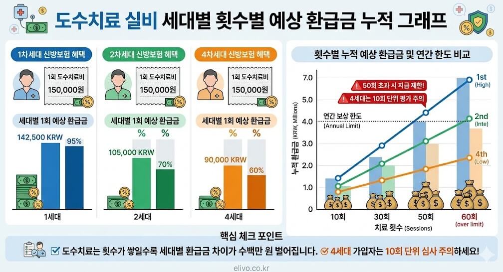 세대별 도수치료 (1세대, 2세대, 3세대, 4세대) 횟수별 누적 예상 환급금 및 연간 한도 비교 인포그래픽 (elivo.co.kr)