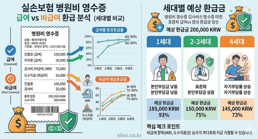 실손보험 세대별(1세대, 2세대, 3세대, 4세대) 병원비 영수증 급여 및 비급여 항목 환급 비율 비교 인포그래픽 (elivo.co.kr)