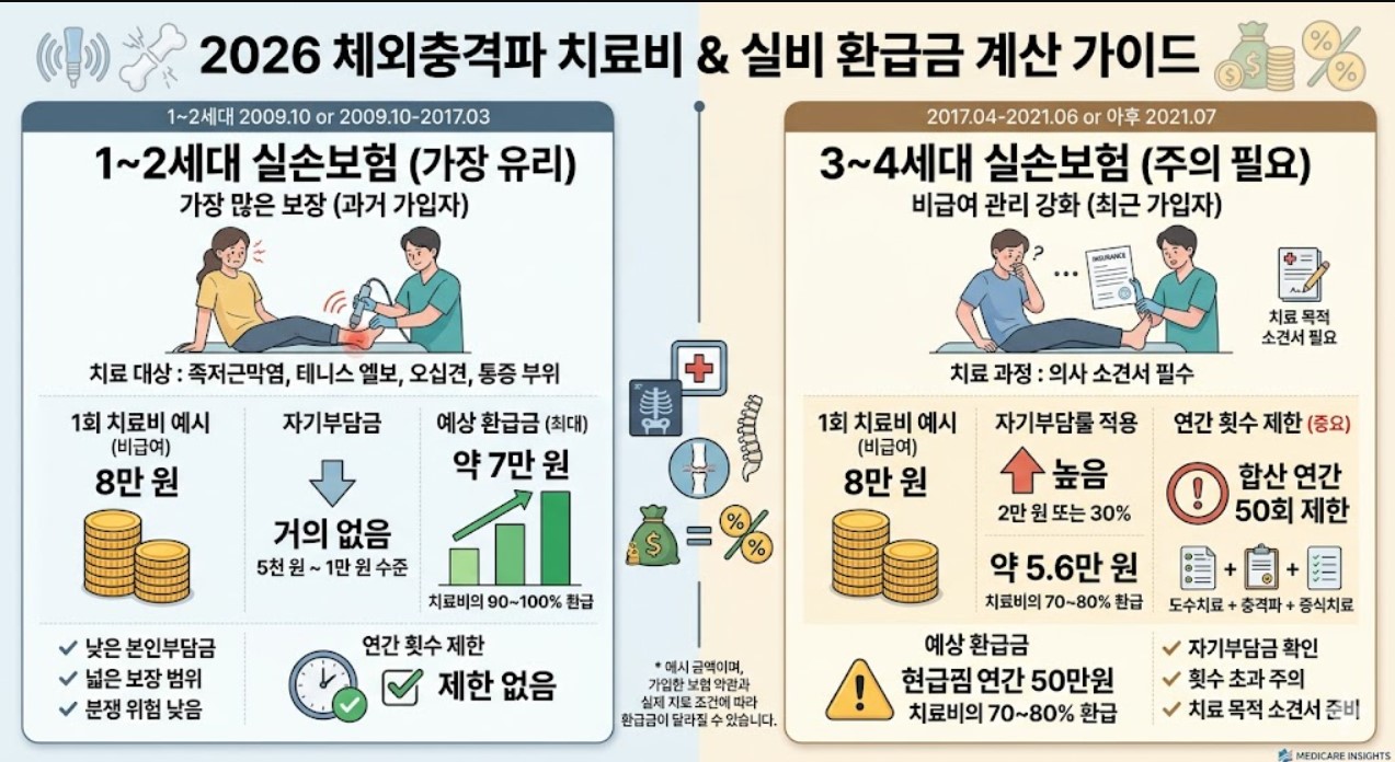 2026 체외충격파 실비 세대별 환급 비율 비교 인포그래픽