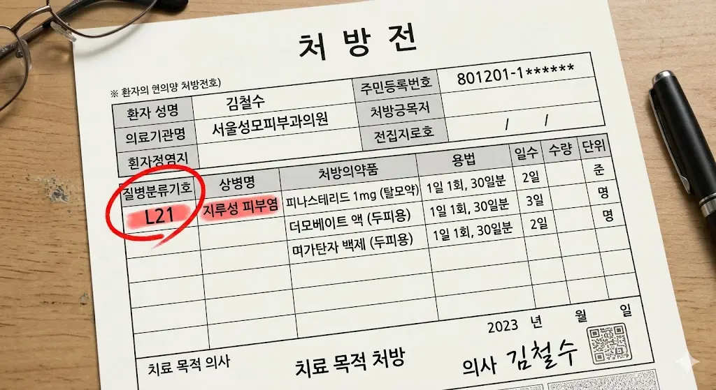 탈모약 실비 처방전 L21 코드 지루성 피부염 예시