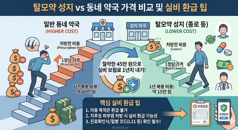 탈모약 성지 종로 5가 vs 일반 동네 약국 1년 복용 누적 비용 비교 및 지루성 피부염 실비 환급 팁 인포그래픽 (elivo.co.kr)