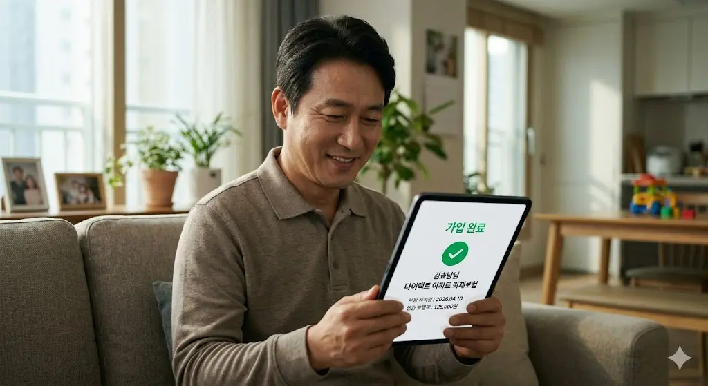 아파트 화재보험 추천 상품에 다이렉트로 가입 완료하고 보험 증권을 확인하며 만족해하는 40대 가장의 모습